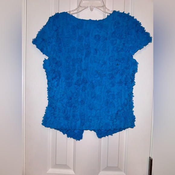 ONCE AGAIN Cardigan Size Small Peacock Blue Short Sleeve 2D Floral Print Ruffle - Picture 6 of 15